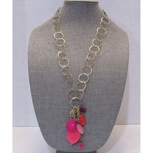 Chico's Gold Tone Chain Necklace with Pink Charms Pendant Cluster Old Money